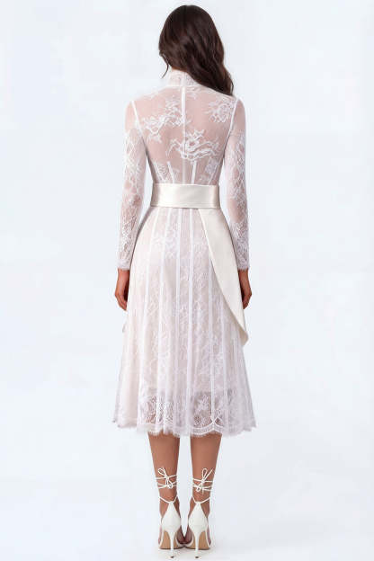Floral White Corset High Neck Midi Lace Engagement Dress