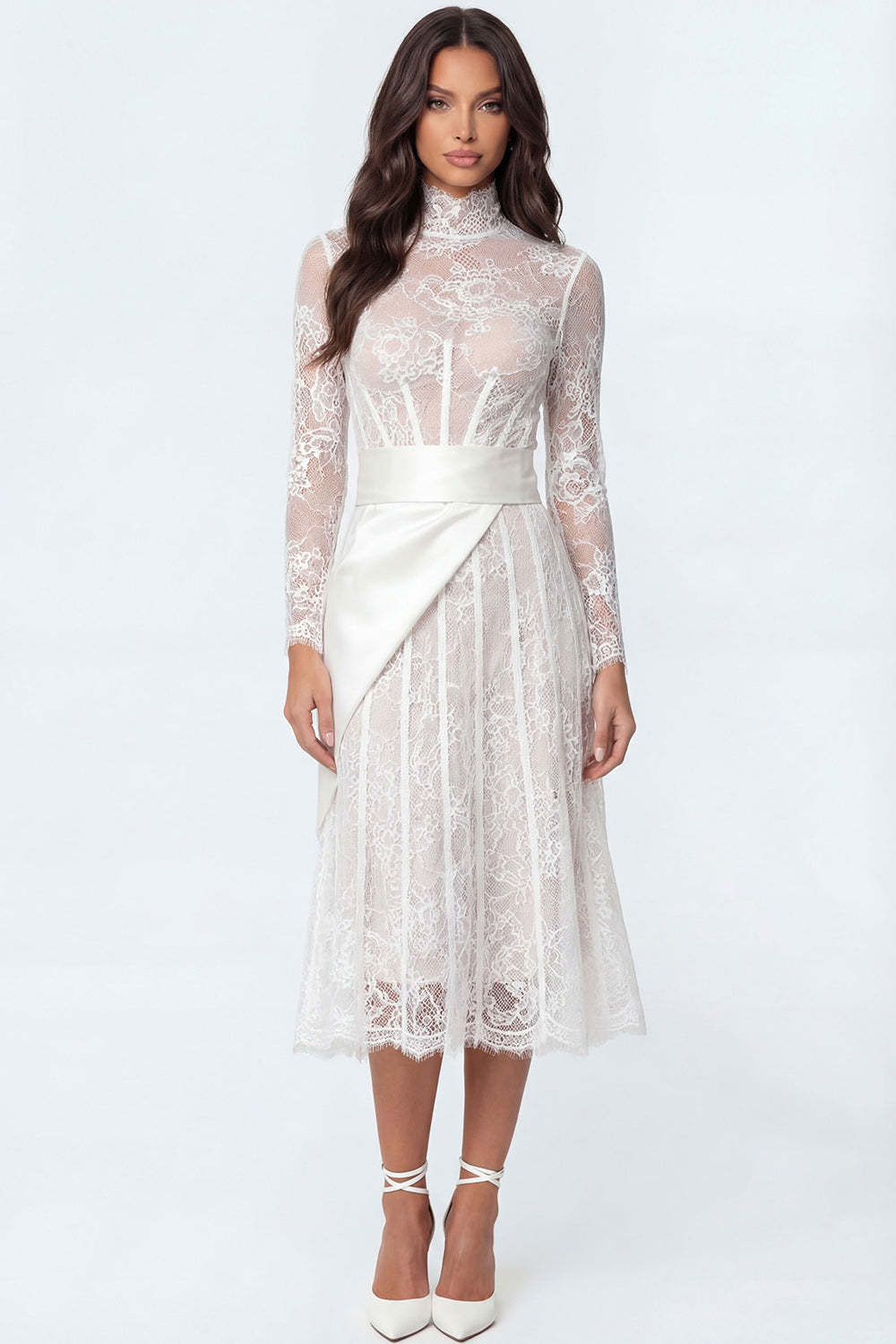 Leely Women Floral White Corset Midi Lace Engagement Dress A Line Embroidered High Neck Rehearsal Dinner Dress