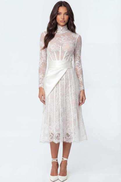 Leely Women Floral White Corset Midi Lace Engagement Dress A Line Embroidered High Neck Rehearsal Dinner Dress