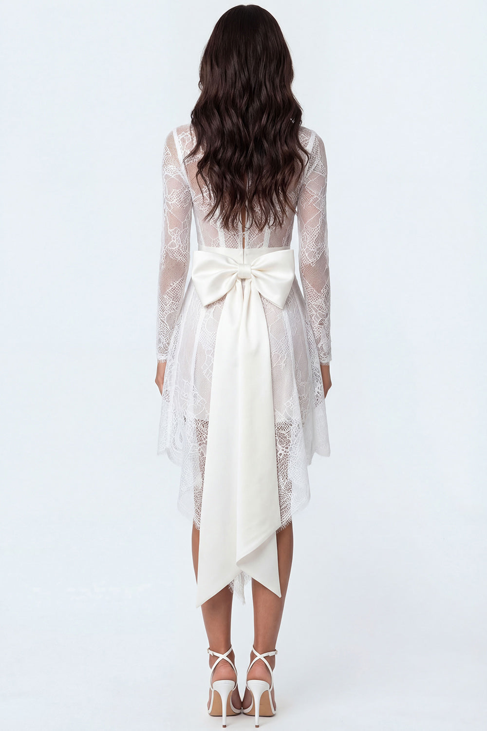 White Corset Lace High Low Engagement Dress with Bow