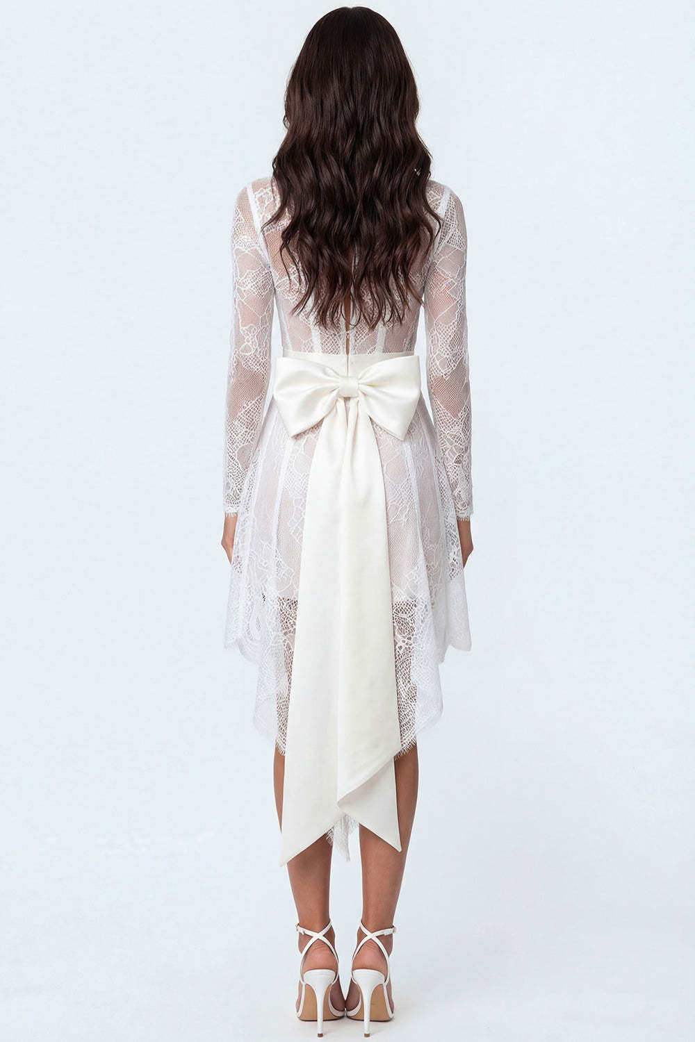White Corset Lace High Low Engagement Dress with Bow