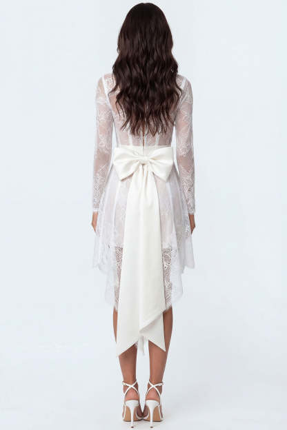 White Corset Lace High Low Engagement Dress with Bow