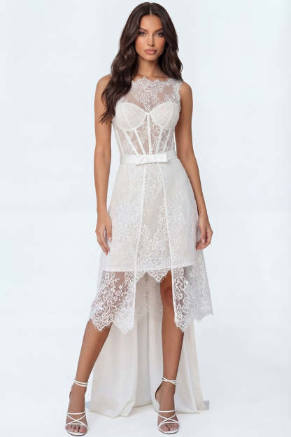 Leely Women White Corset Bodycon Midi Engagement Dress with Cape Embroidered Sleeveless Wedding Reception Dress