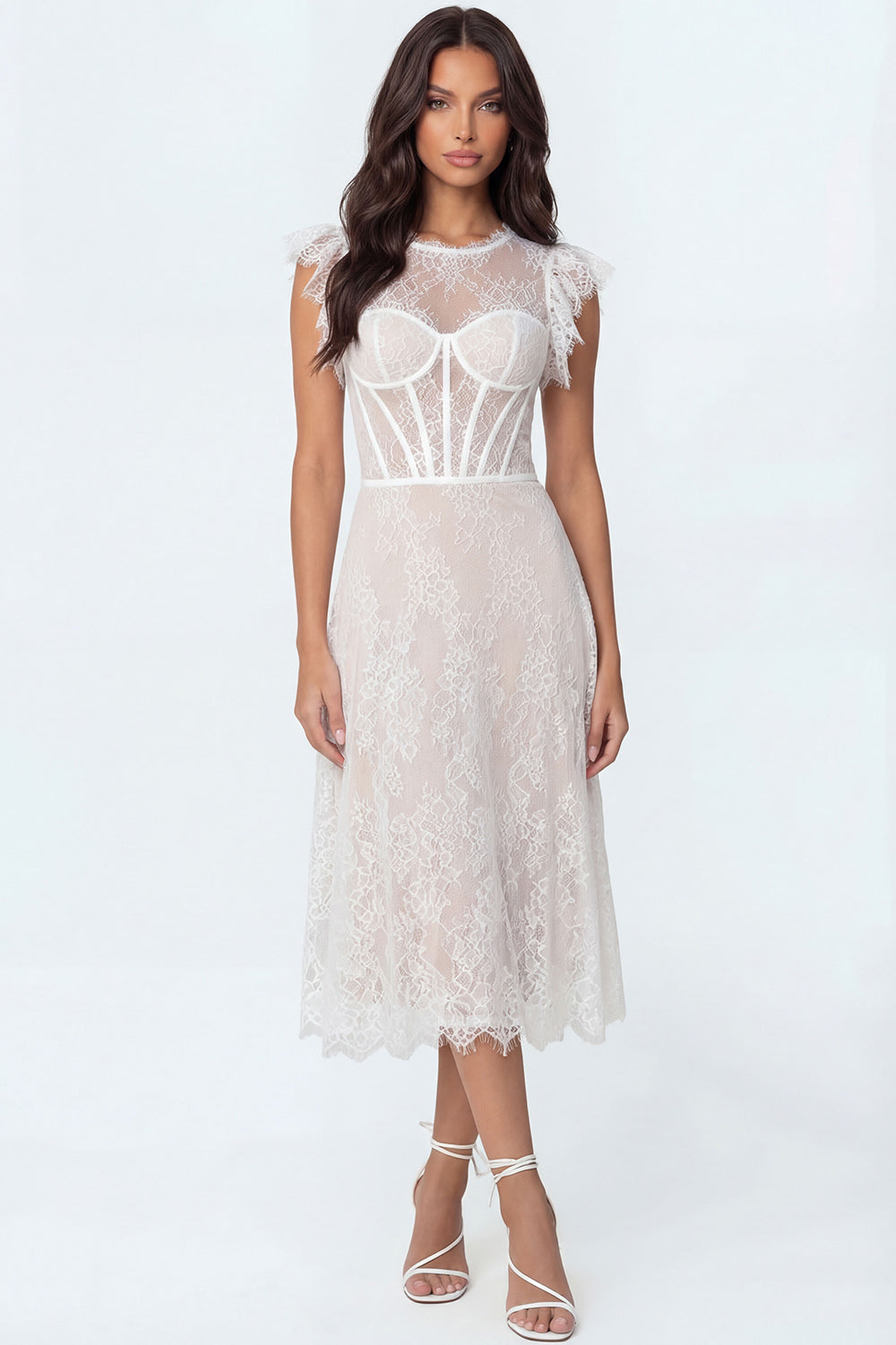 Lace White Corset A Line Round Neck Midi Bridal Shower Dress