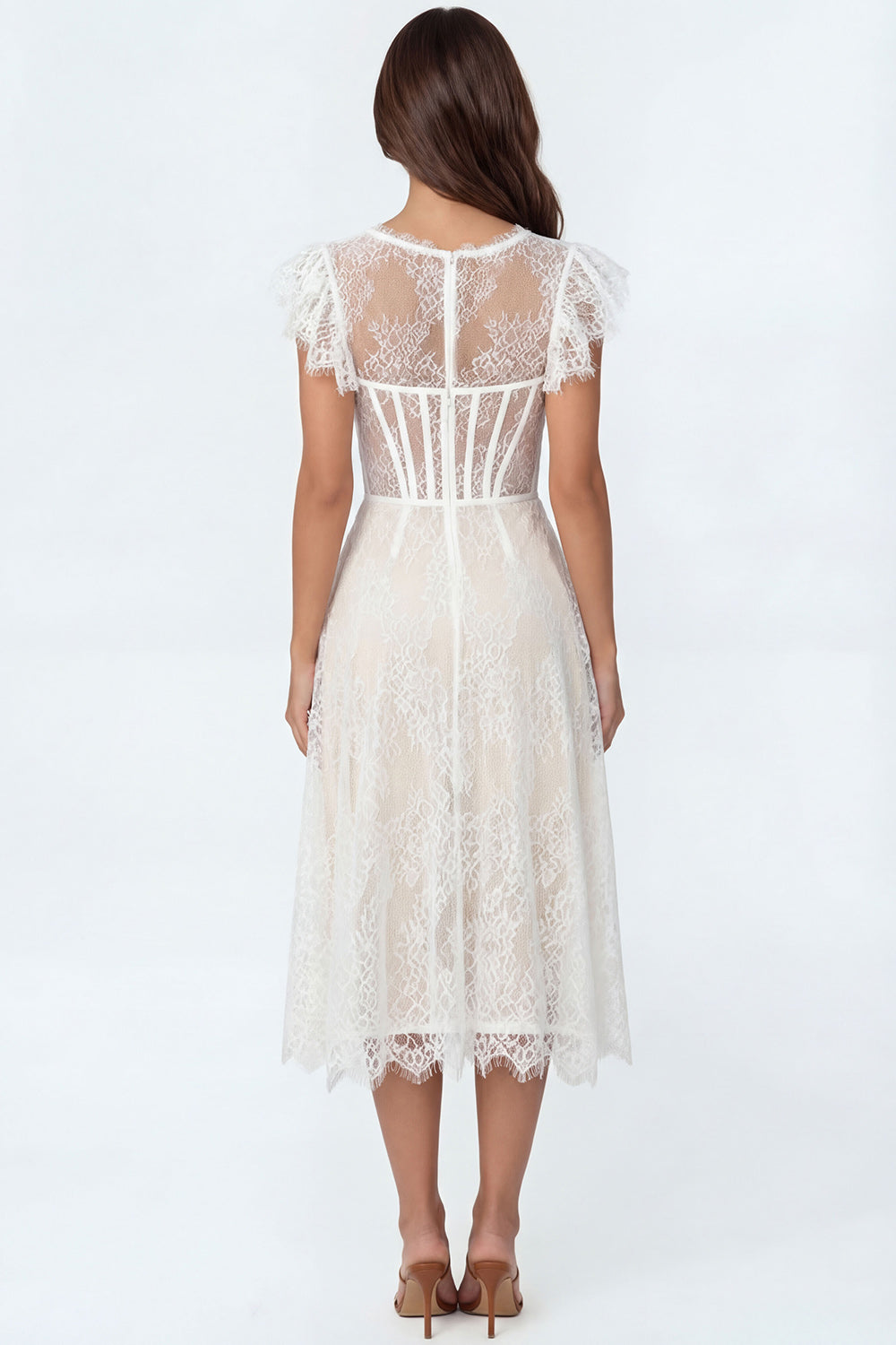 Lace White Corset A Line Round Neck Midi Bridal Shower Dress