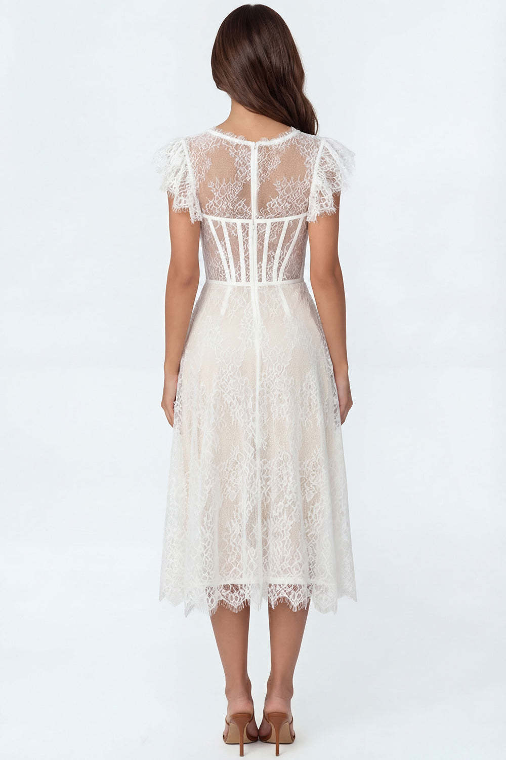 Lace White Corset A Line Round Neck Midi Bridal Shower Dress