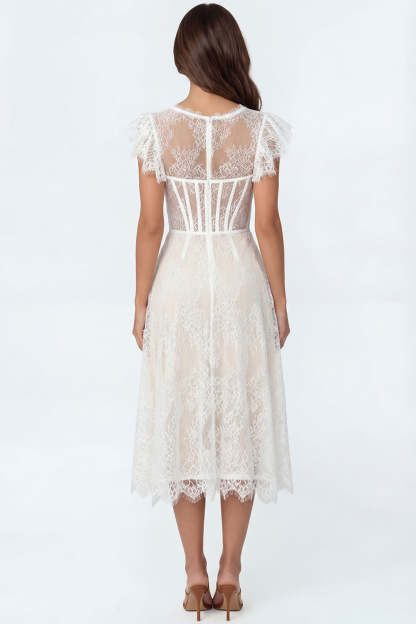 Lace White Corset A Line Round Neck Midi Bridal Shower Dress