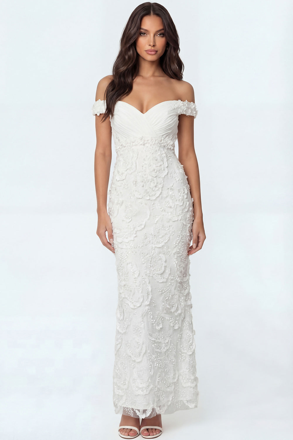 Leely Women White Mermaid Sparkly Beaded Wedding Reception Dress Off the Shoulder Appliqued Backless Engagement Dress