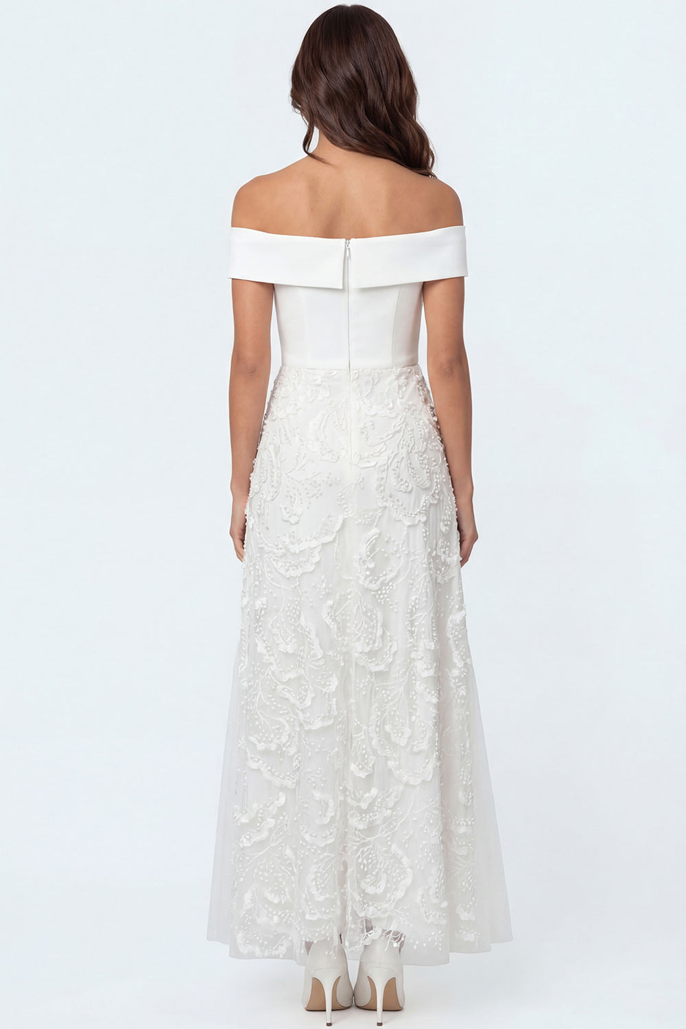 A Line White Off the Shoulder Floral Appliqued Long Engagement Dress