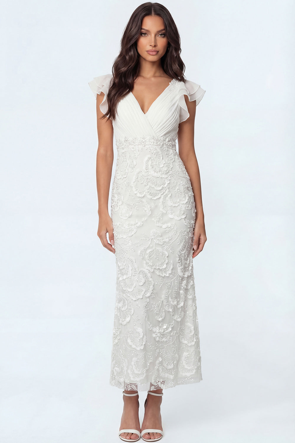 Mermaid White V Neck Appliqued Floral Long Bridal Shower Dress