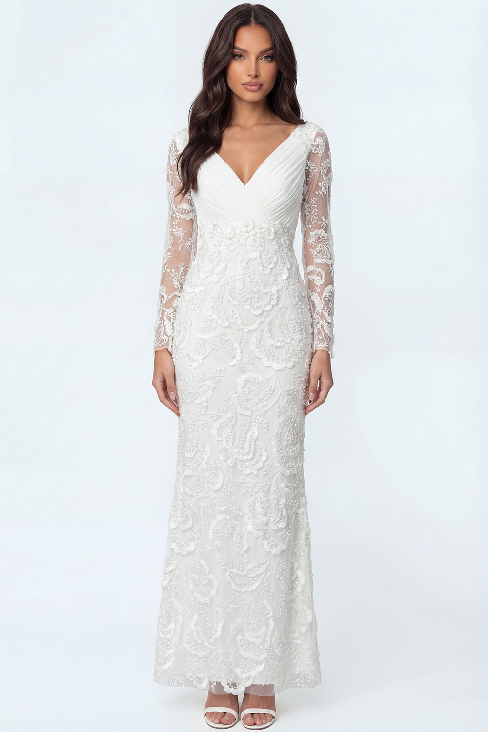 White Floral Mermaid Appliqued Long Bridal Shower Dress