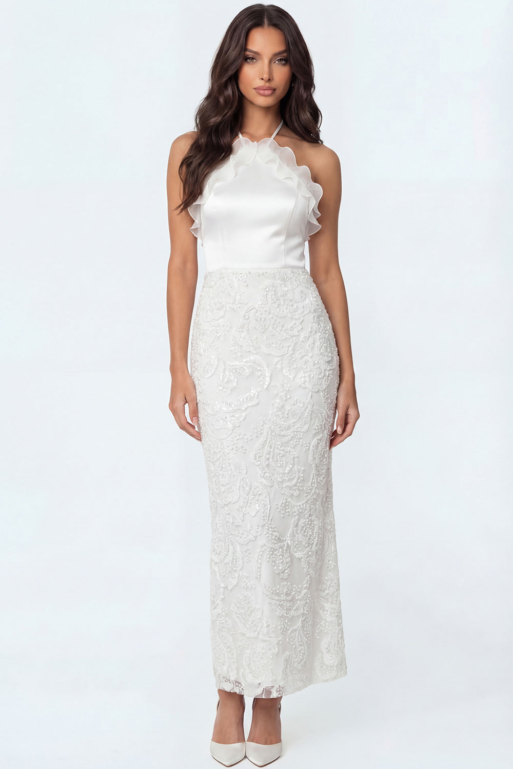 White Halter Neck Floral Ruffled Long Bridal Shower Dress