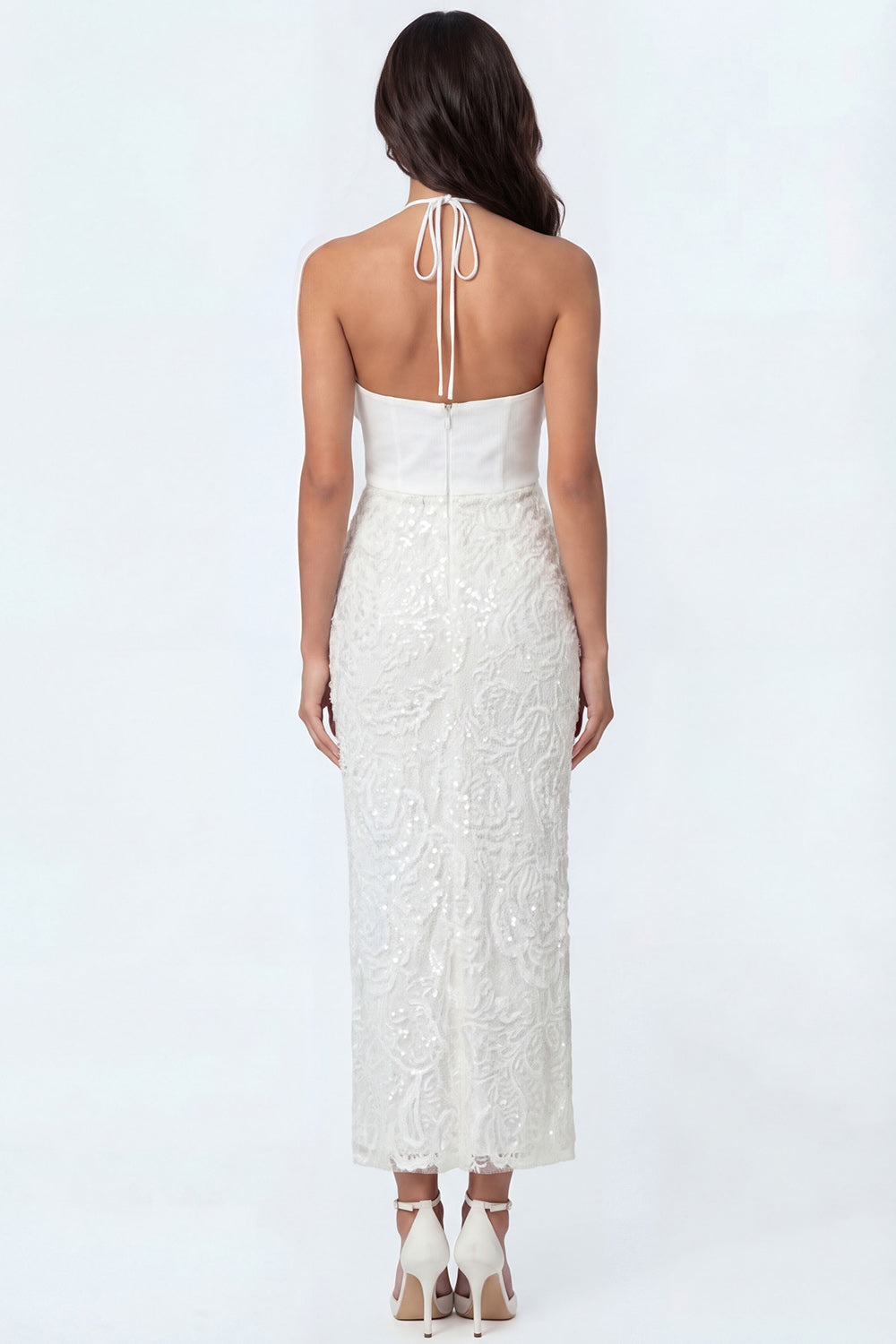 White Halter Neck Floral Ruffled Long Bridal Shower Dress