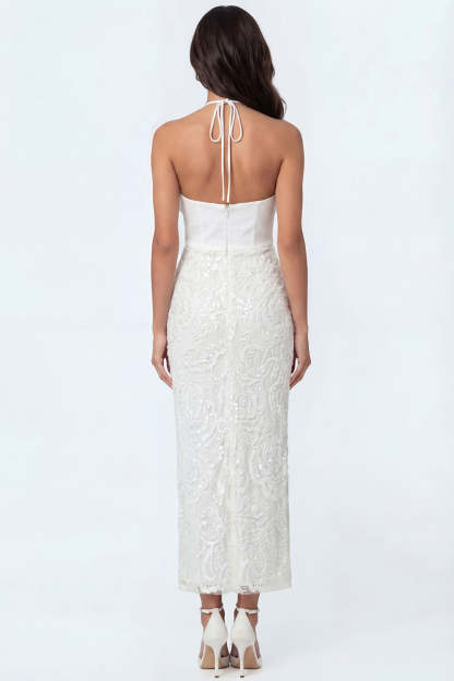 White Halter Neck Floral Ruffled Long Bridal Shower Dress
