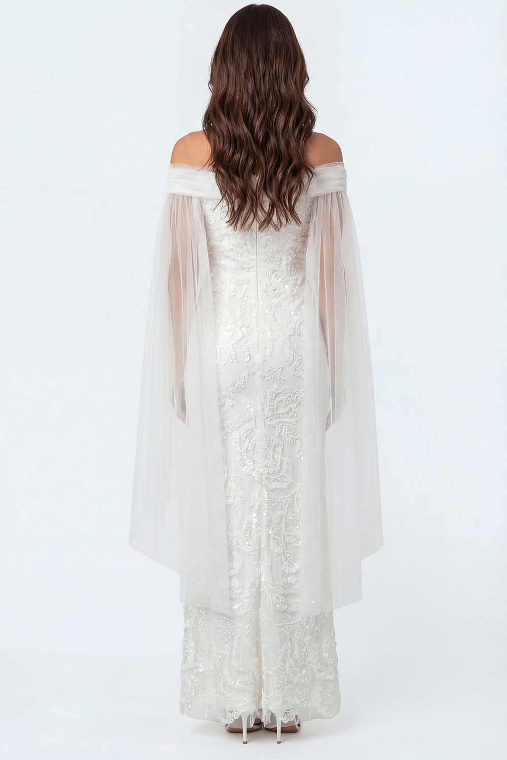 Sheath White Off the Shoulder Lace Appliqued Long Bridal Shower Dress