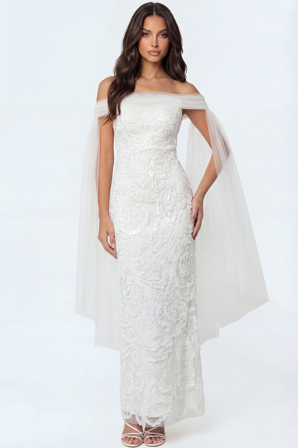 Leely Women Sheath White Lace Appliqued Long Bridal Shower Dress Off the Shoulder Sleeveless Backless Engagement Dress