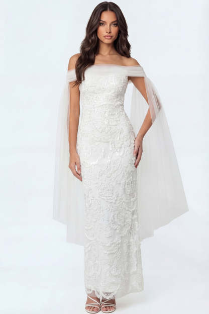 Leely Women Sheath White Lace Appliqued Long Bridal Shower Dress Off the Shoulder Sleeveless Backless Engagement Dress