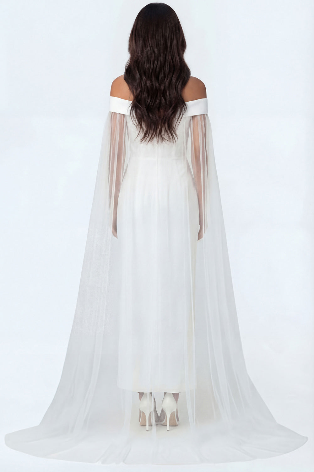 White Lace Appliqued Long Bridal Shower Dress with Cape