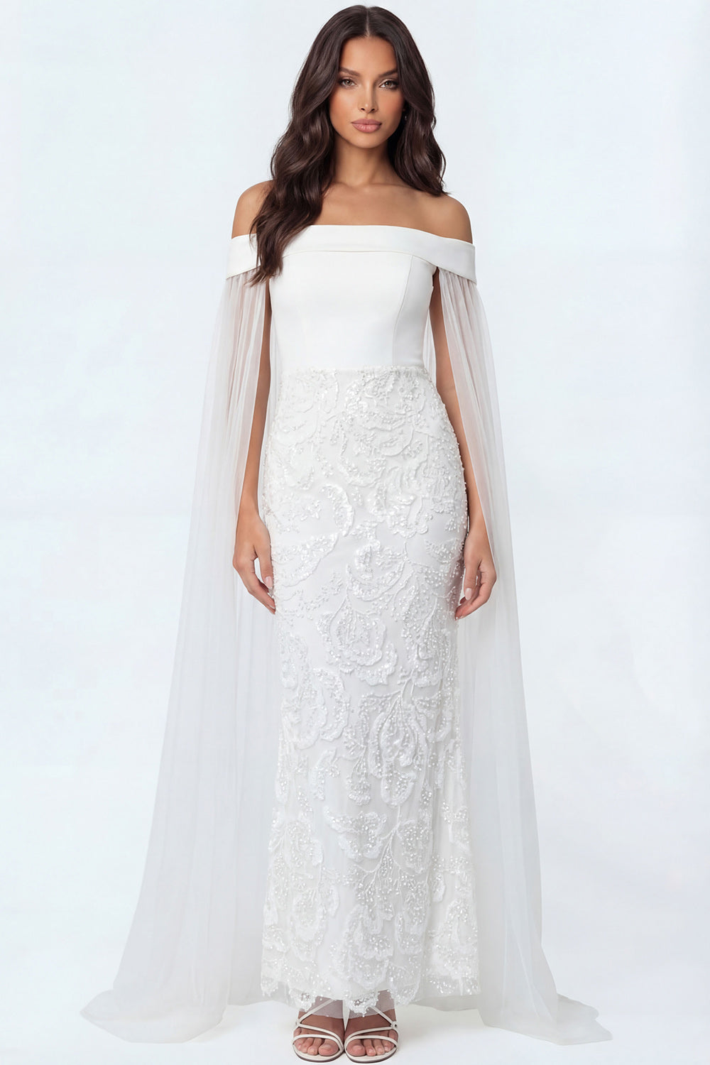 White Lace Appliqued Long Bridal Shower Dress with Cape