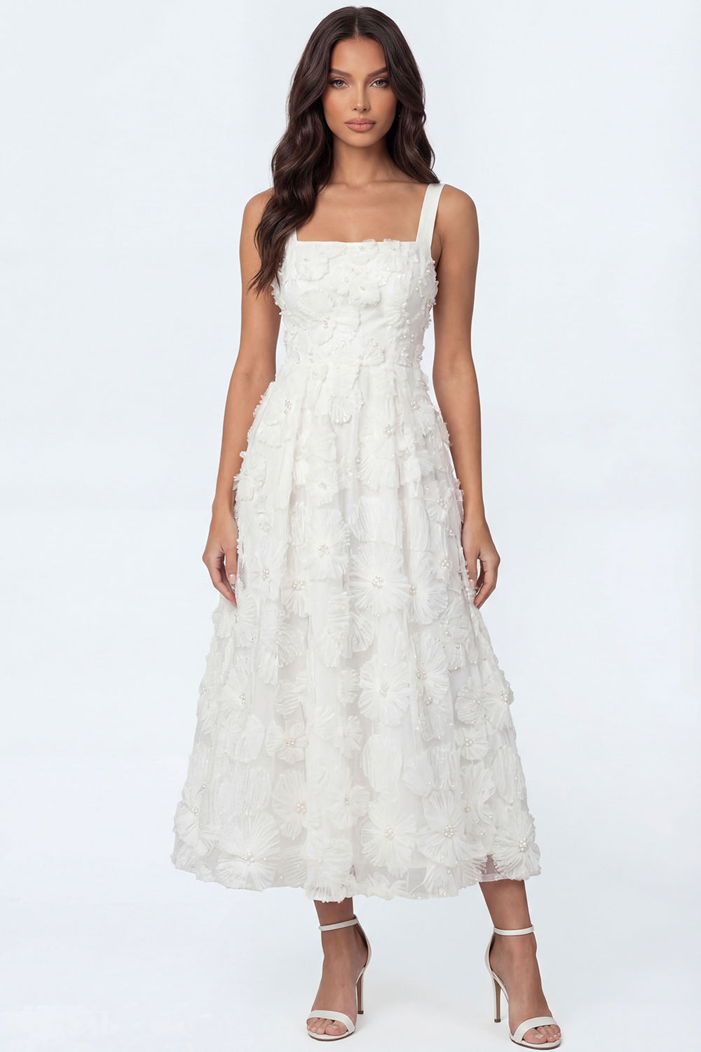 A Line Floral White Thick Straps Appliqued Long Engagement Dress