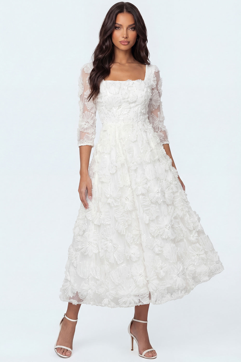 White A Line Floral Square Neck Appliqued Long Engagement Dress