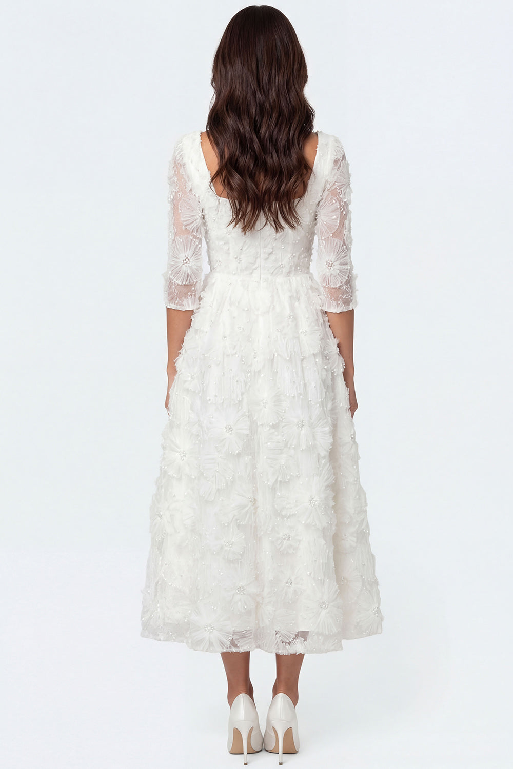 White A Line Floral Square Neck Appliqued Long Engagement Dress