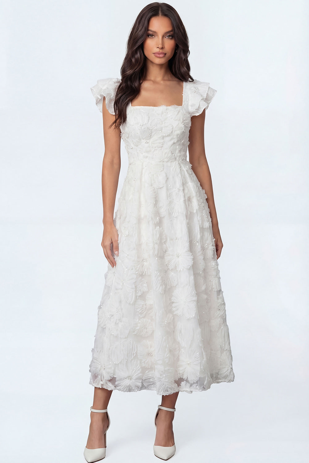 Leely Women White A Line Floral Long Engagement Dress Ruffled Square Neck Backless Sleeveless Bridal Shower Dress