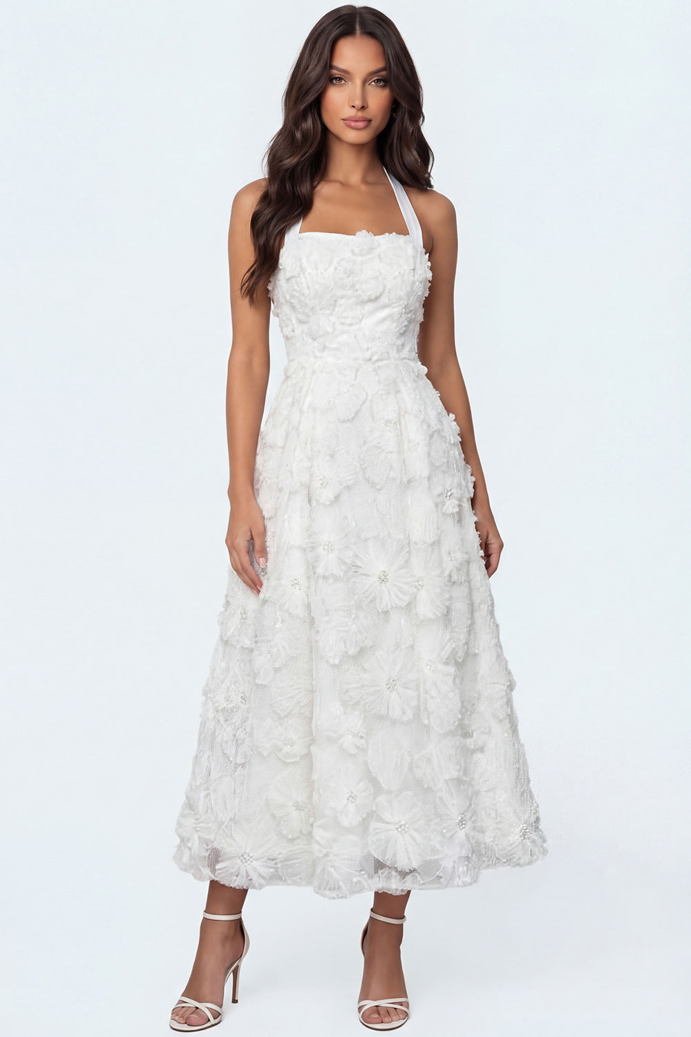 Leely Women White Floral A Line Appliqued Long Bridal Shower Dress Halter Neck Backless Sleeveless Engagement Dress