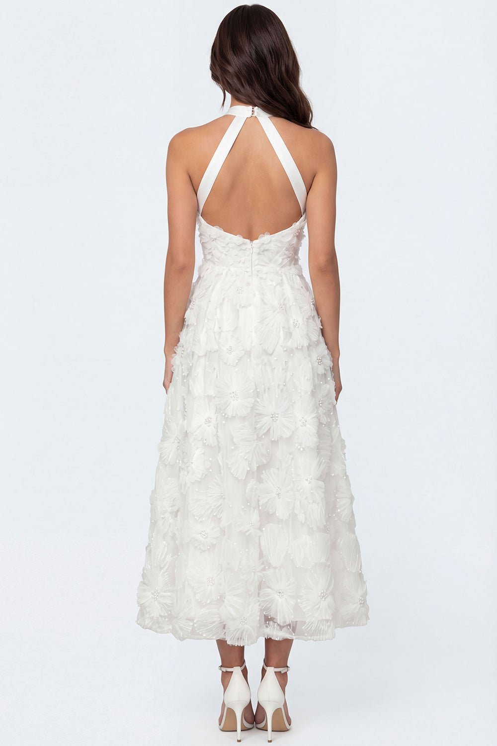 White Floral A Line Halter Neck Appliqued Long Bridal Shower Dress