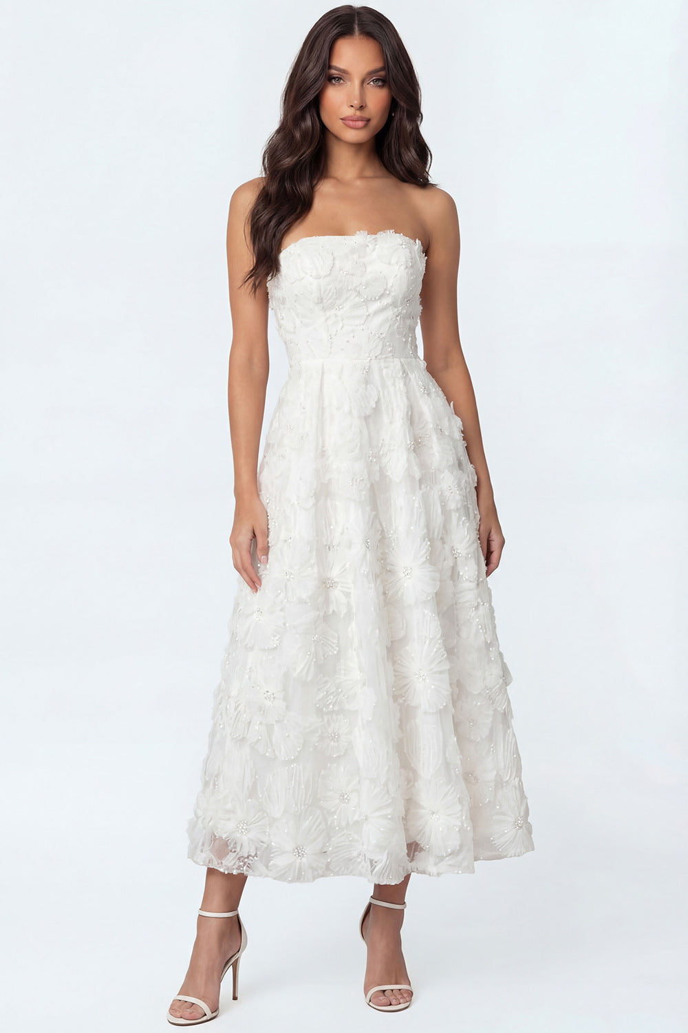 White Floral A Line Strapless Long Bridal Shower Dress
