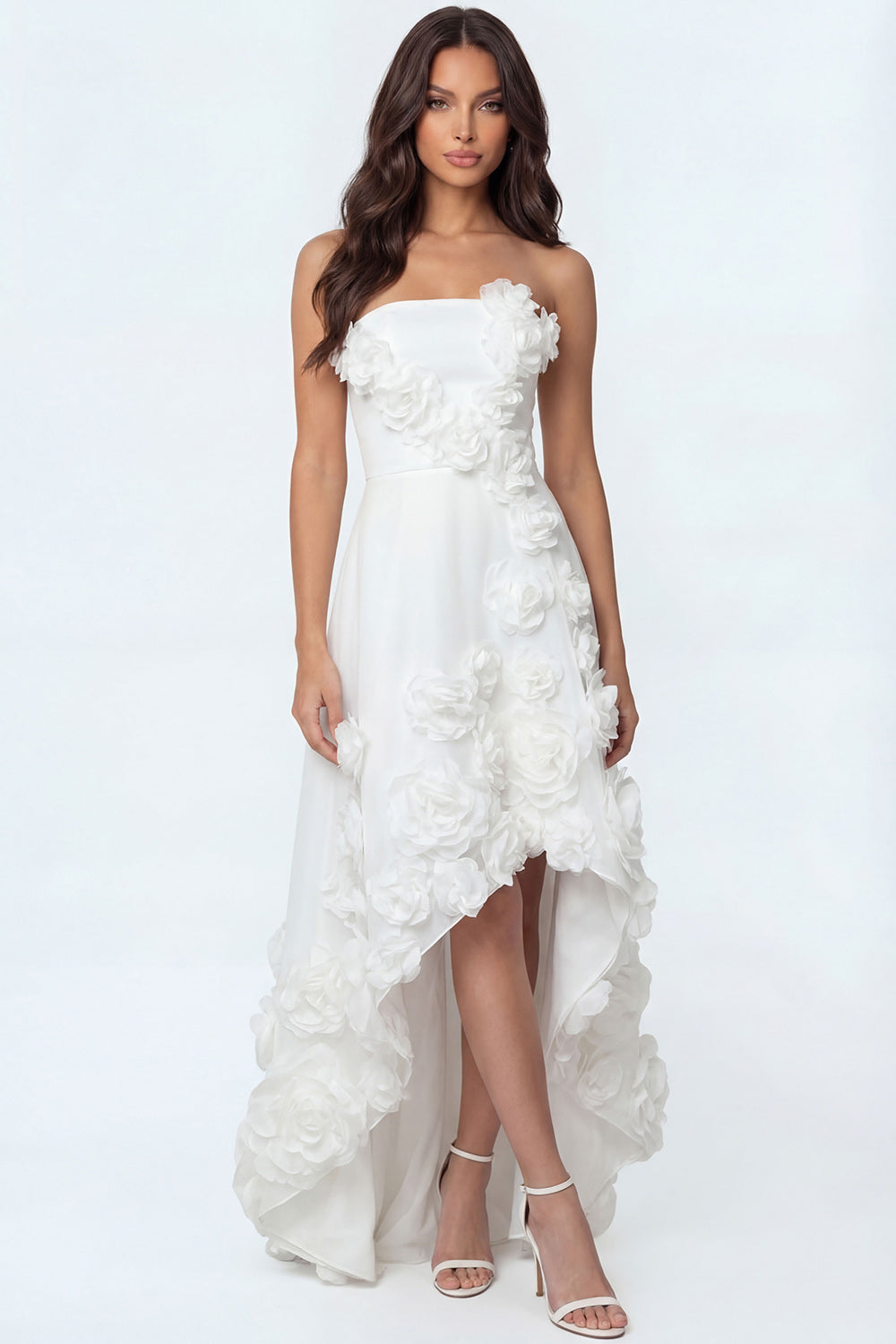 Leely Women White Floral A Line Strapless Bridal Shower Dress Backless Appliqued Sleeveless Engagement Dress