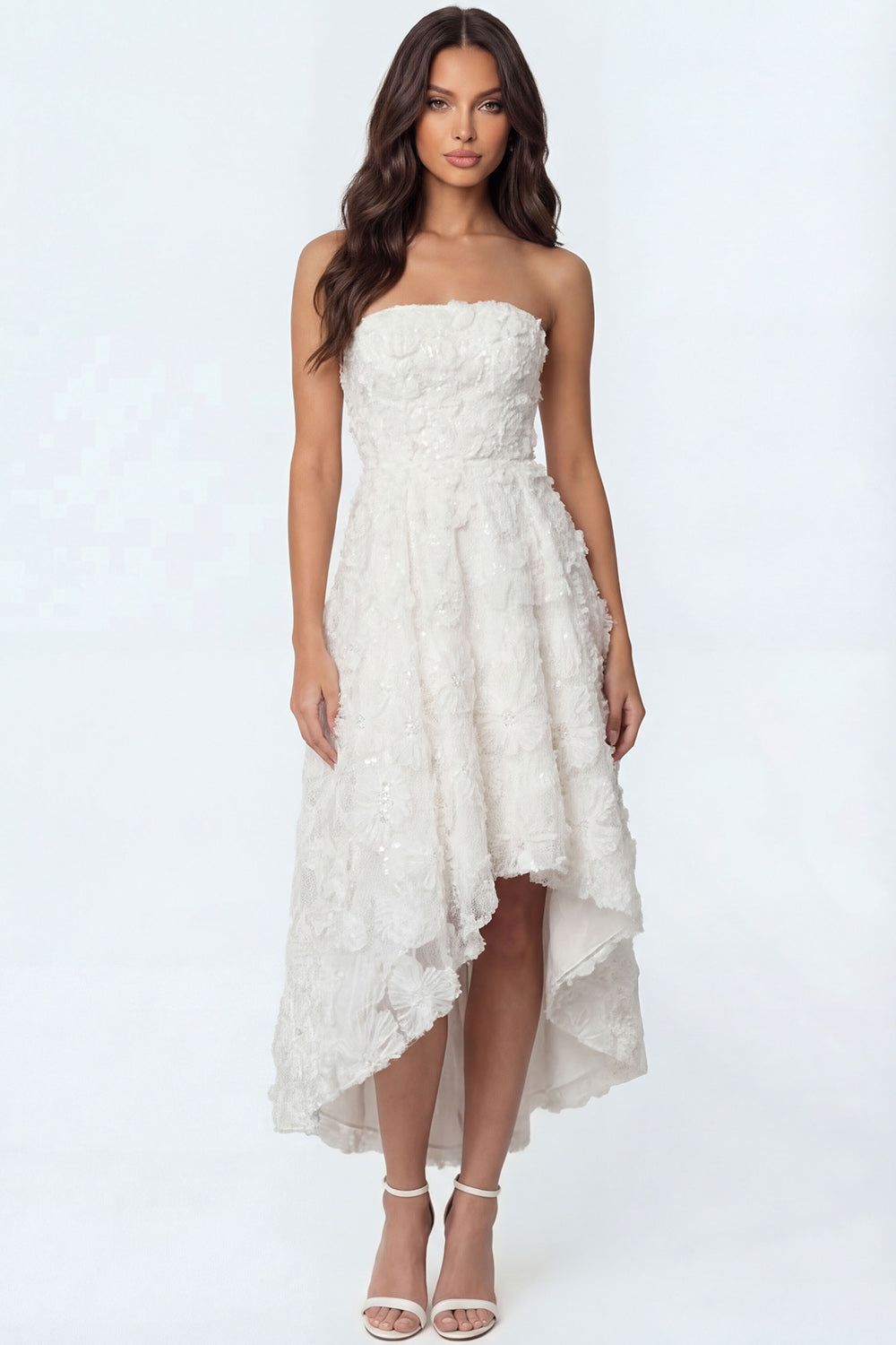 high low bridal shower dress Leely Women White Floral Appliqued Strapless Backless Sleeveless Engagement Dress Size:12 (LARGE)