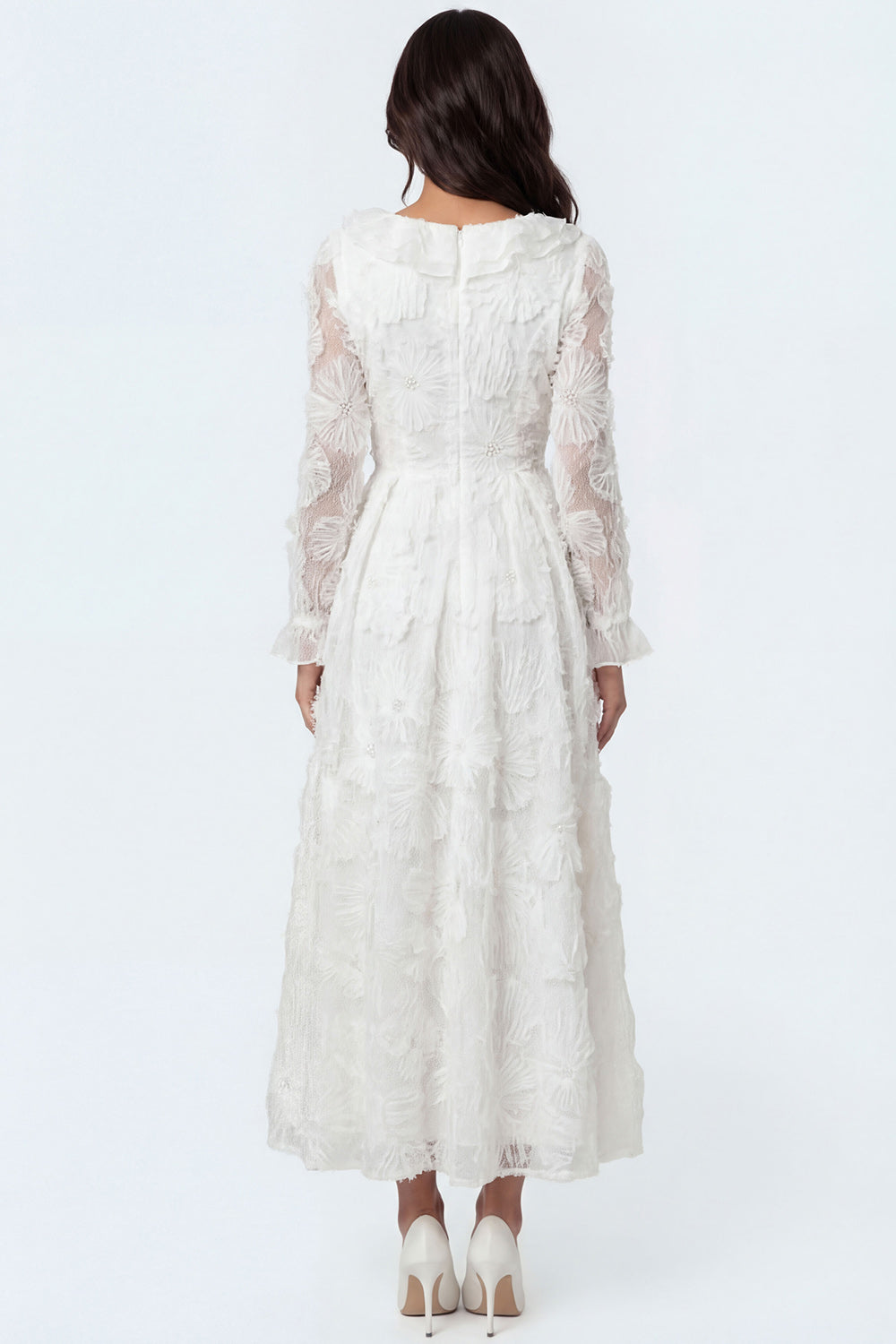 White Floral Appliqued V Neck Long Bridal Shower Dress