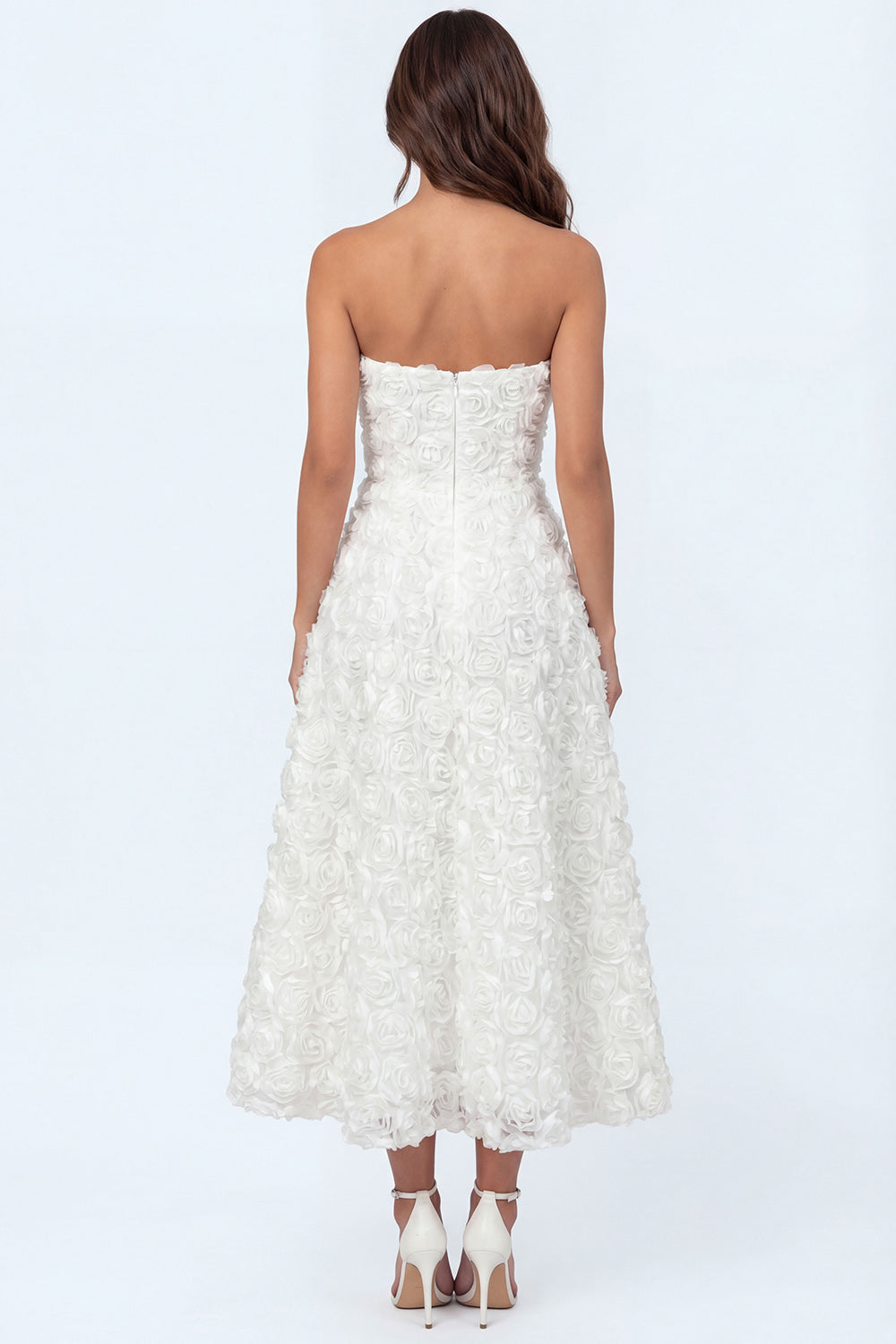 White Floral A Line Strapless Long Bridal Shower Dress
