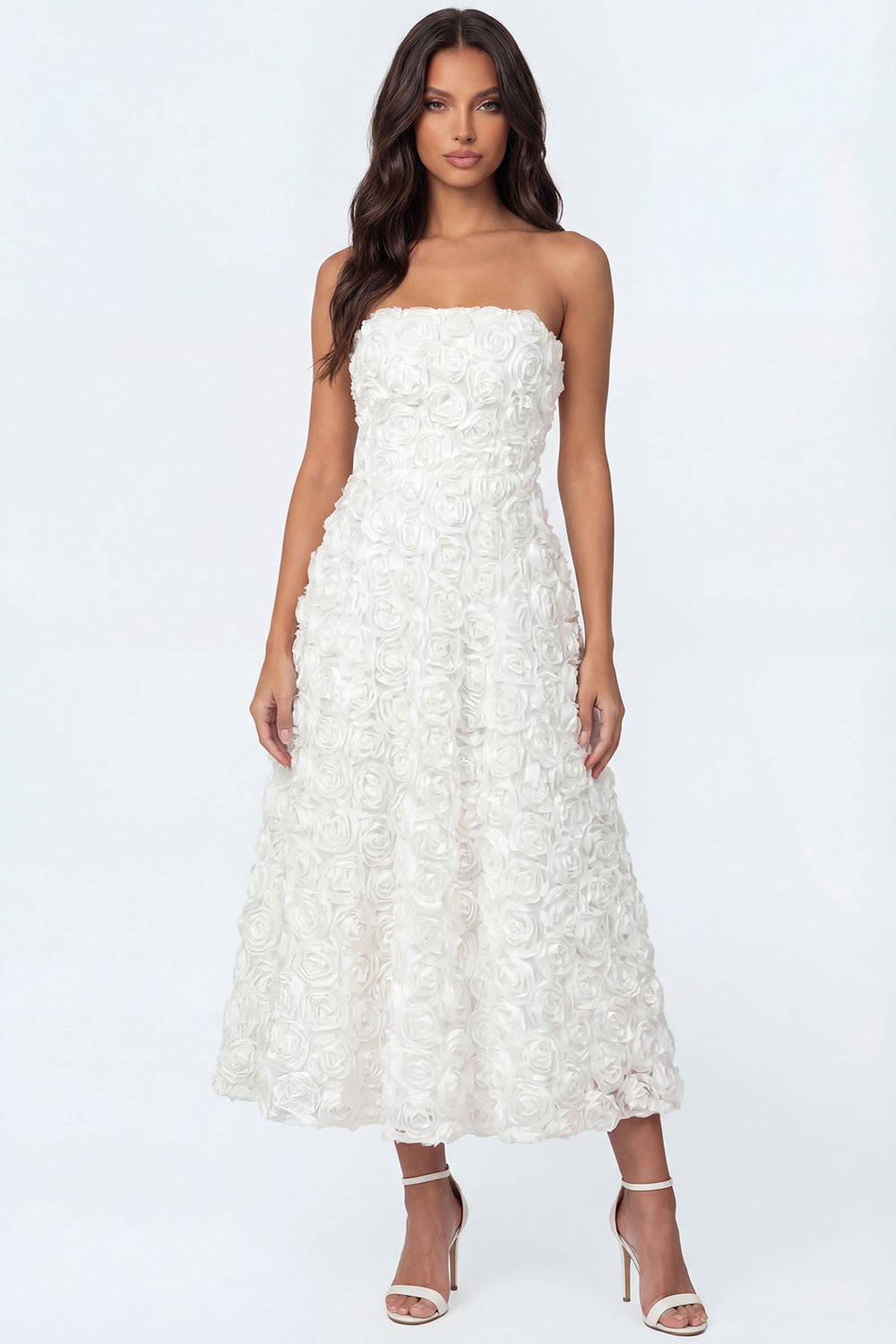 White Floral A Line Strapless Long Bridal Shower Dress