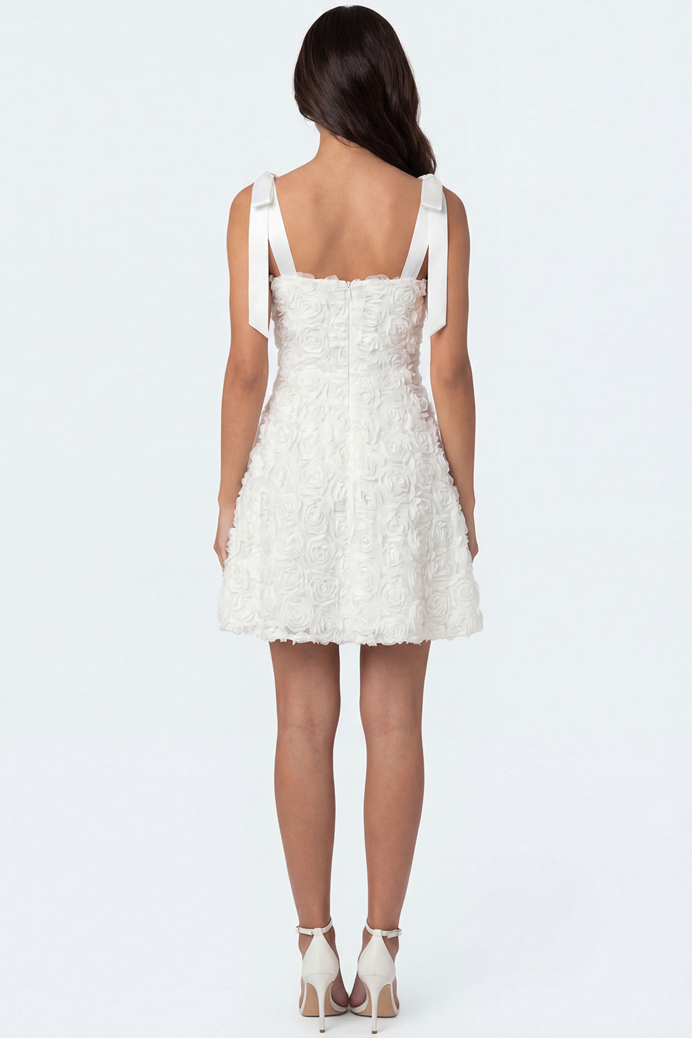 White A Line Floral Thick Straps Short Engagement Dress with Bow