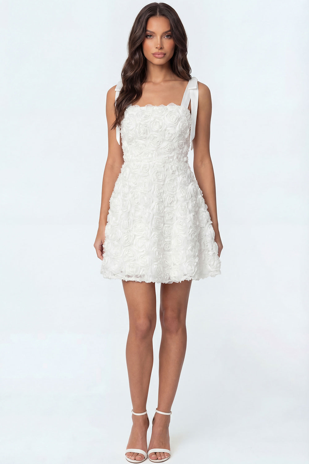 Leely Women White A Line Floral Short Engagement Dress with Bow Thick Straps Backless Sleeveless Bridal Shower Dress