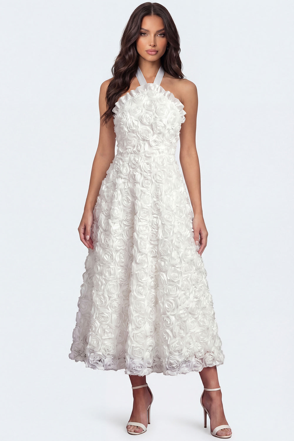 Halter Neck White Floral A Line Backless Long Bridal Shower Dress