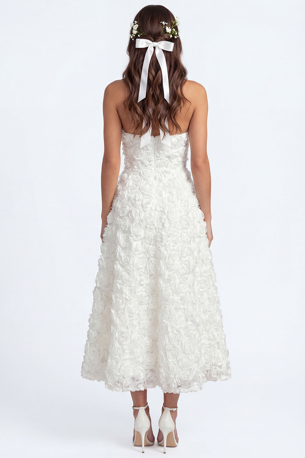 Halter Neck White Floral A Line Backless Long Bridal Shower Dress