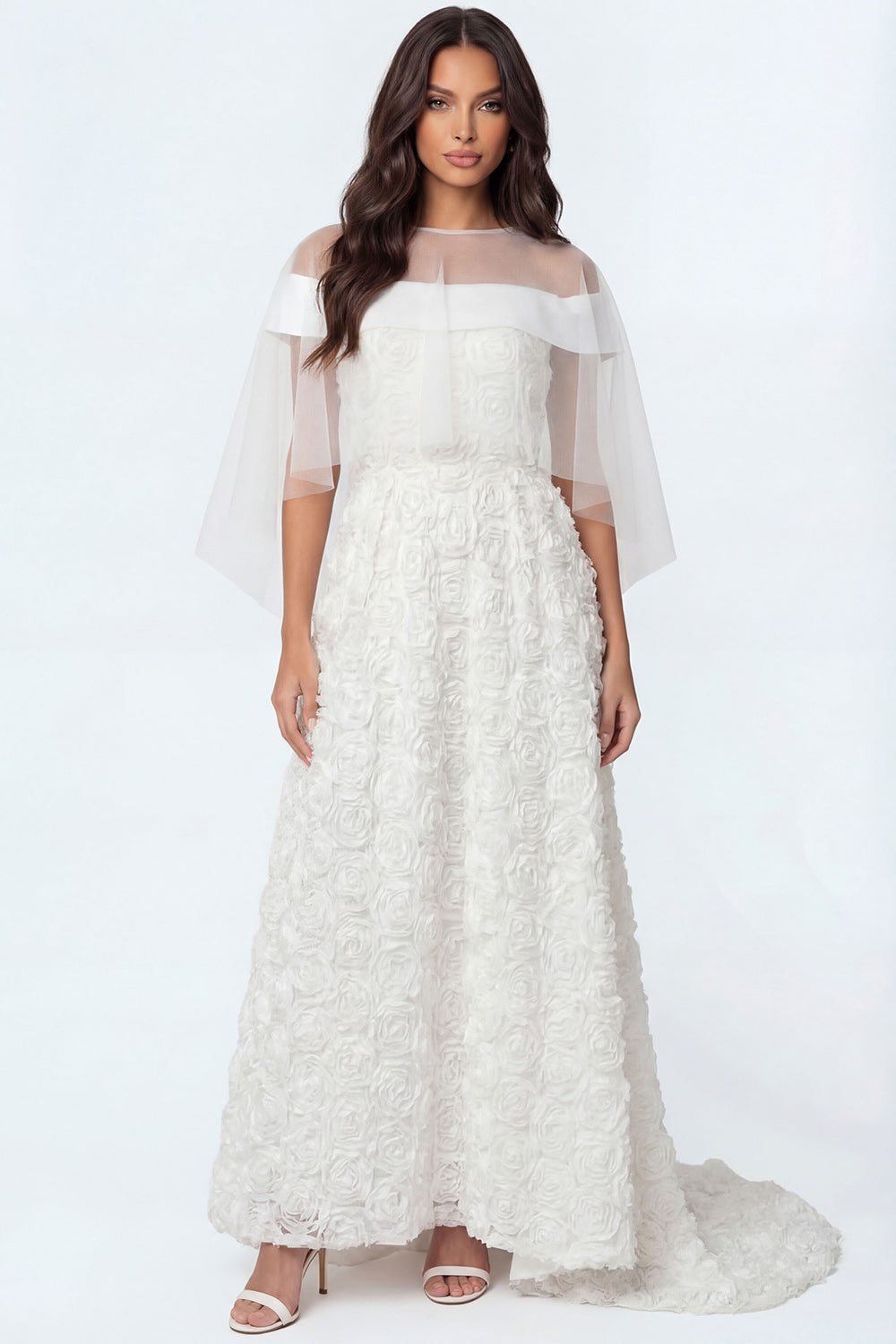 Leely Women Floral White Long A Line Long Bridal Shower Dress Illusion Neck Sleeveless Engagement Dress