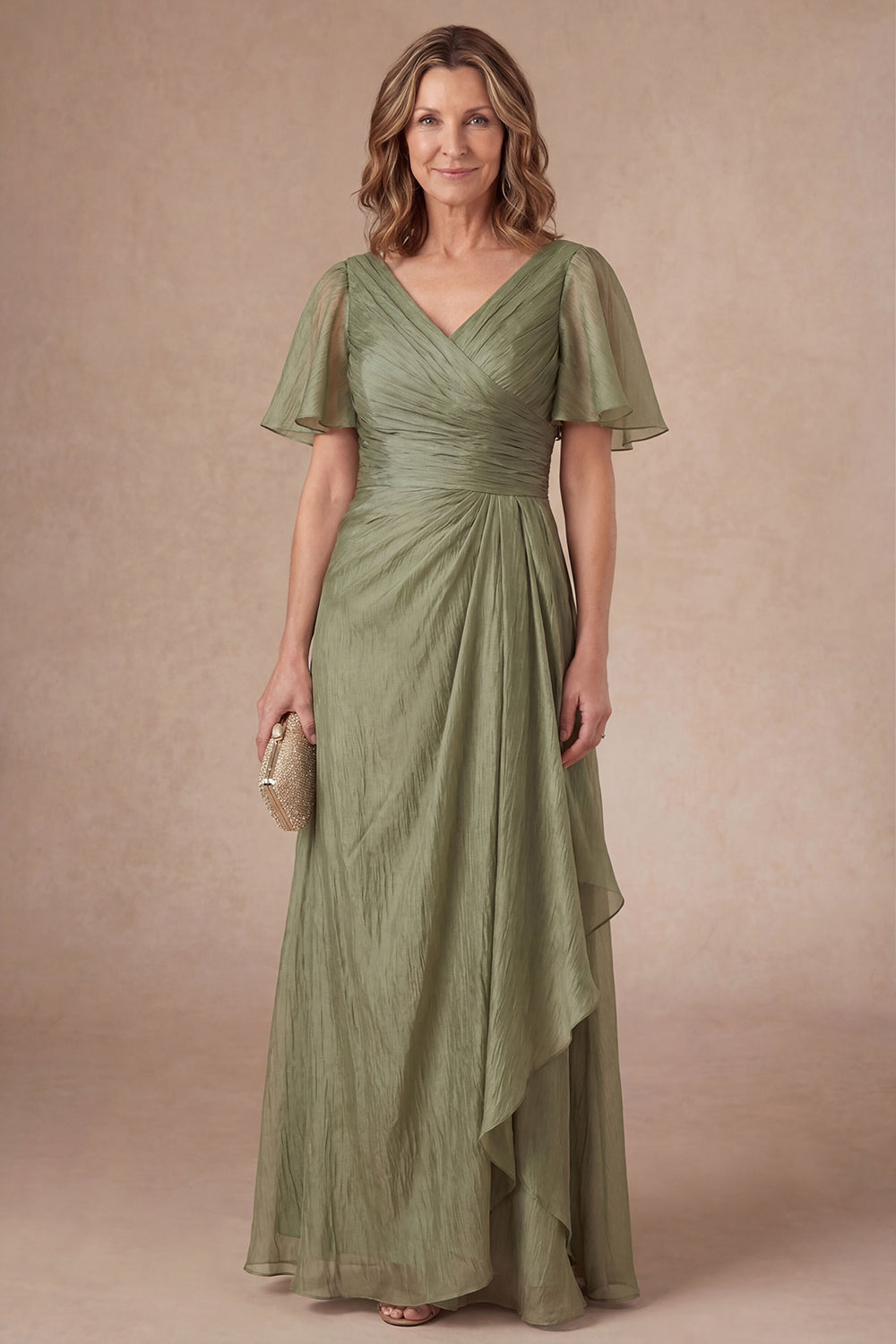 Dusty Sage V Neck Short Sleeves Ruffled Long Mother of Bride Dress