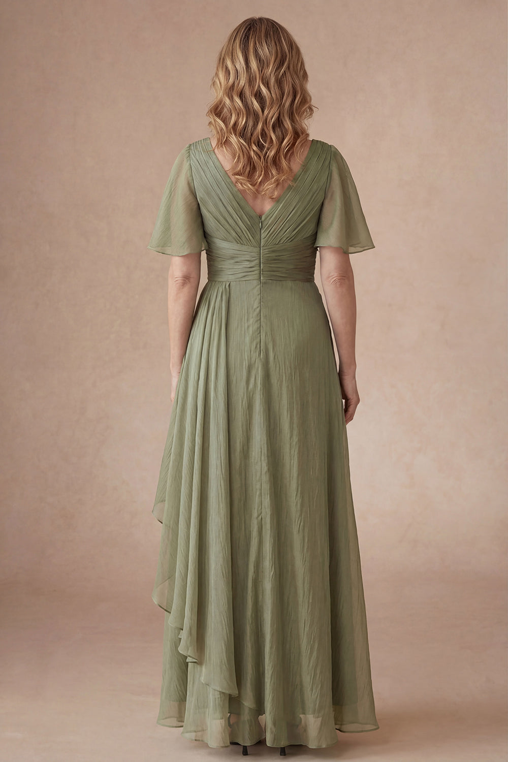 Dusty Sage V Neck Short Sleeves Ruffled Long Mother of Bride Dress
