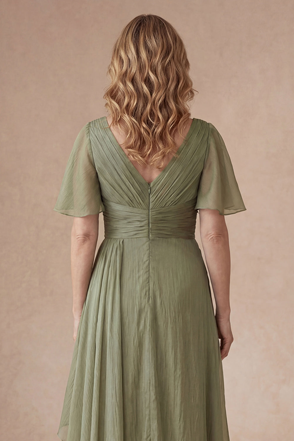 Dusty Sage V Neck Short Sleeves Ruffled Long Mother of Bride Dress