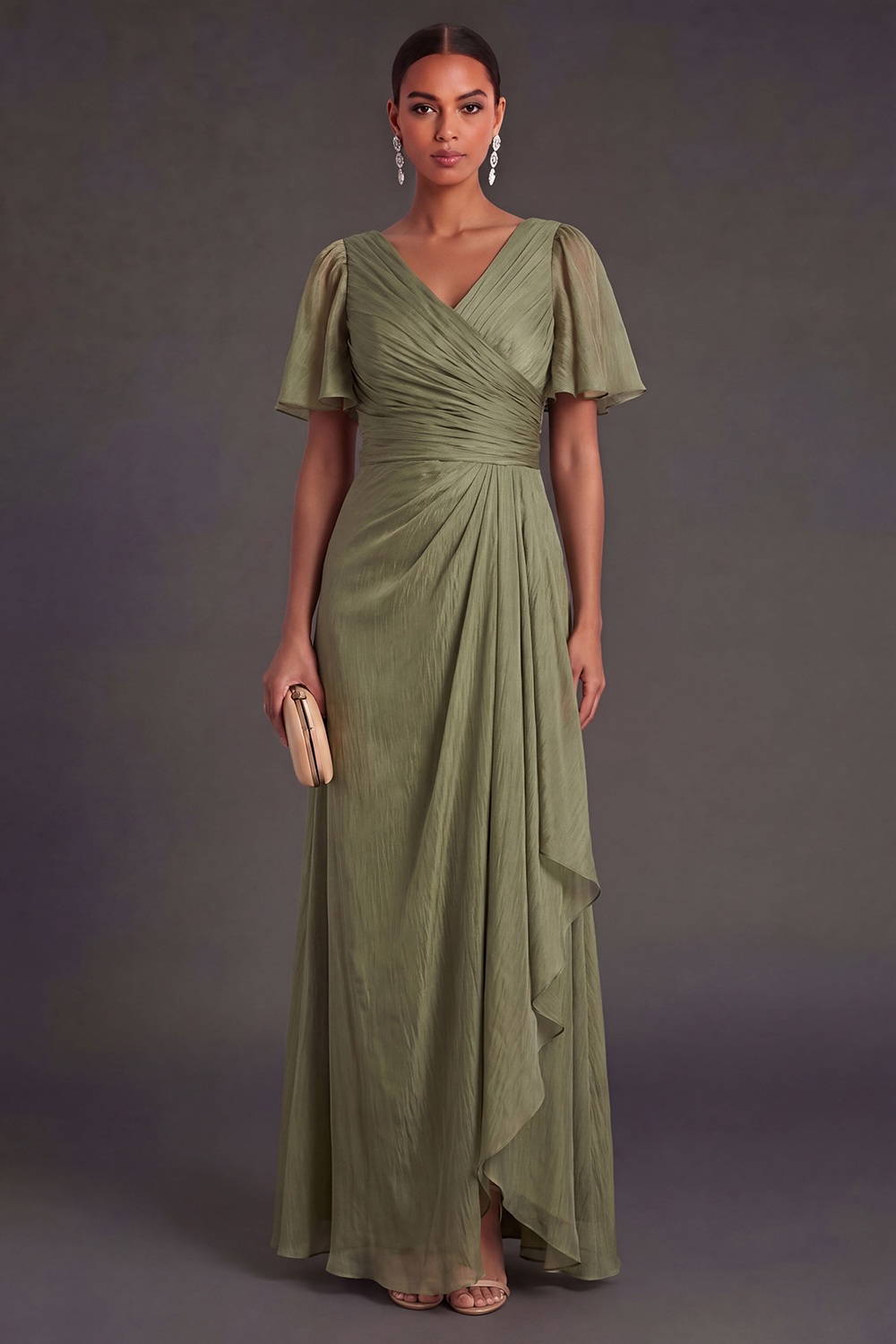 Dusty Sage V Neck Short Sleeves Ruffled Long Formal Dress