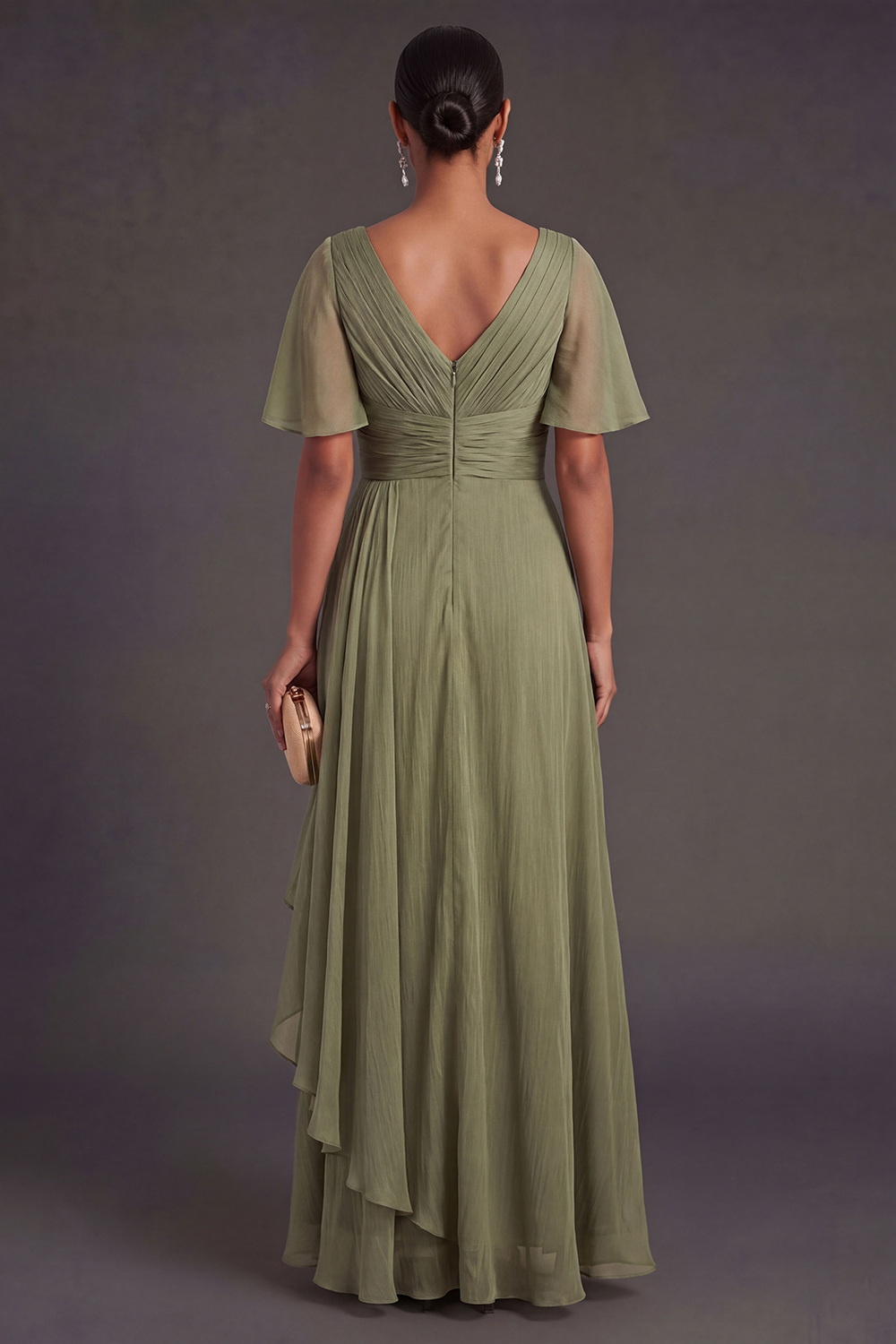 Dusty Sage V Neck Short Sleeves Ruffled Long Formal Dress