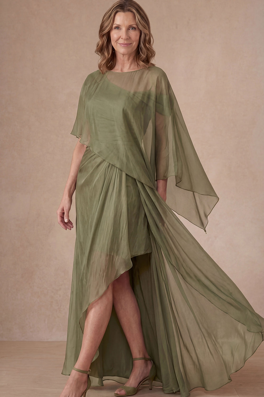 Dusty Sage Sheath Off the Shoulder Ruched Long Mother of the Bride Dress with Cape