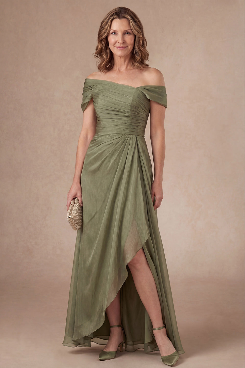 Dusty Sage Sheath Off the Shoulder Ruched Long Mother of the Bride Dress with Cape