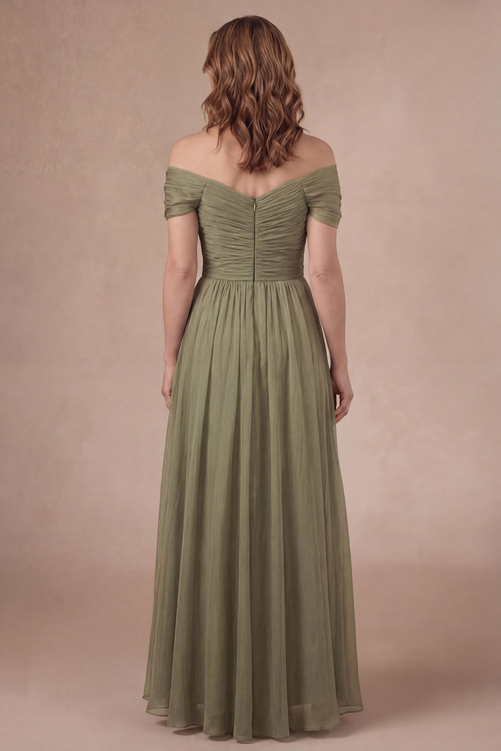 Dusty Sage Sheath Off the Shoulder Ruched Long Mother of the Bride Dress with Cape