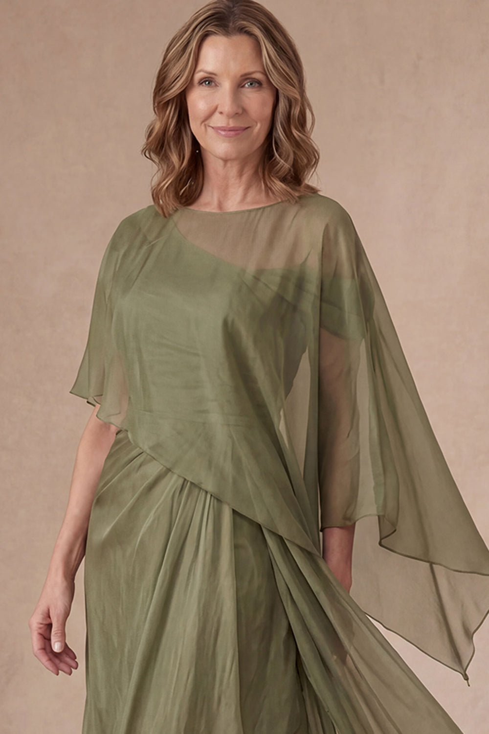 Dusty Sage Sheath Off the Shoulder Ruched Long Mother of the Bride Dress with Cape