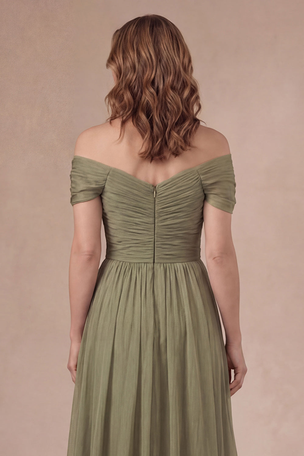 Dusty Sage Sheath Off the Shoulder Ruched Long Mother of the Bride Dress with Cape